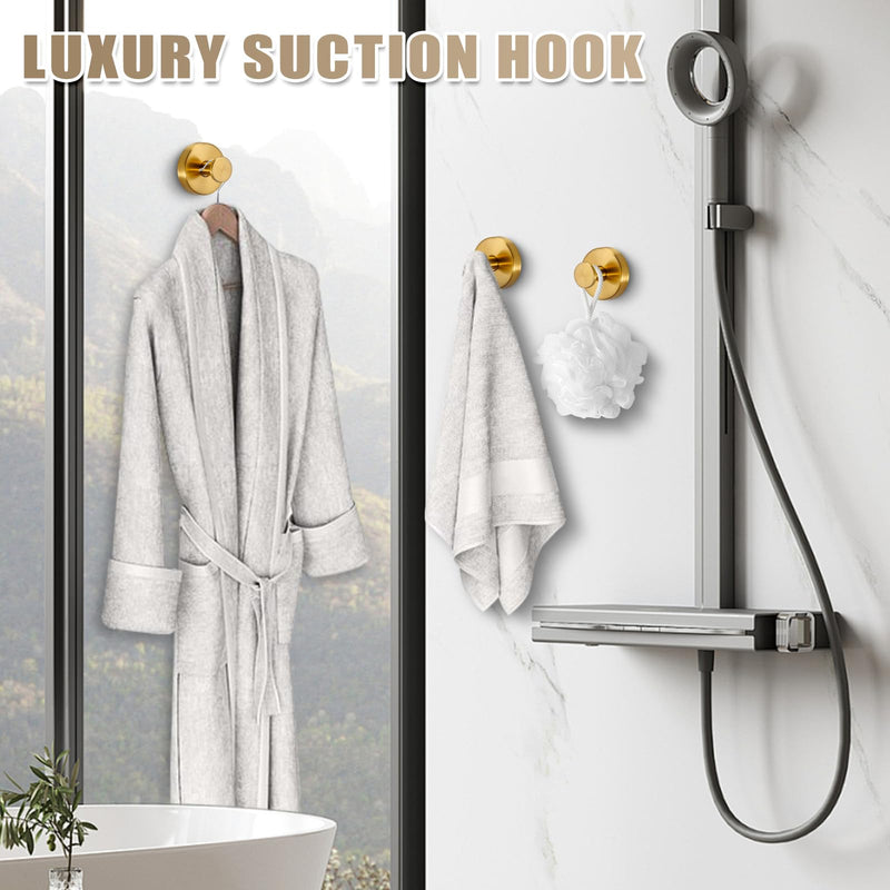 Suction Cup Hooks for Shower No-Drill Bathroom Hooks for Towels, Robes, Loofah Mountable on Bathroom Walls, Kitchen, Glass, Mirrors, Tile and Smooth,Non-Porous Surfaces (2 Pack, Brushed Gold) 2