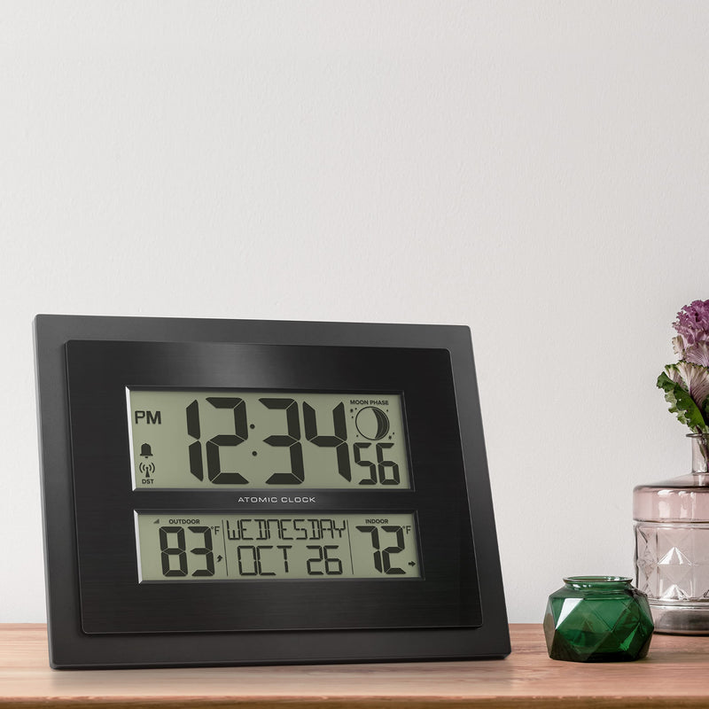 La Crosse Technology 513-75624-INT Digital Atomic Clock with Outdoor Temperature and Moon Phase,Black Weather Station