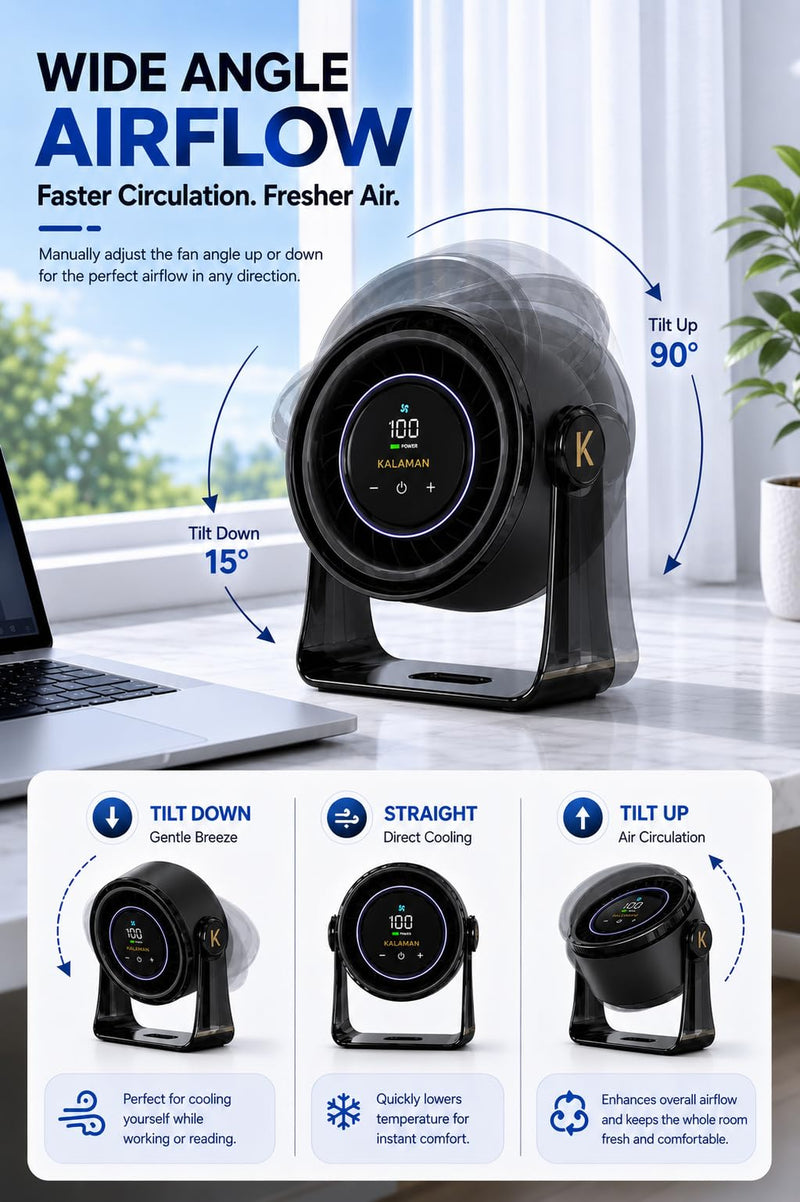 KALAMAN Desk Fan, 4000mAh Quiet Table Fan with Turbo Airflow, 6-Gear Speed Digital Display & 30° Adjustable Tilt, Rechargeable Battery Portable Fan for Home, Office, Travel (Black K4) Black K4
