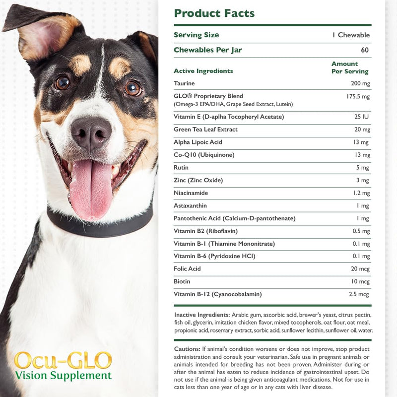 Ocu-GLO Cat & Dog Senior Supplement for Eye Support - Chewable Vision Vitamins Supplements for Large and Small Pets Care with Lutein, Omega-3 Fatty Acids, Grape Seed Extract & Antioxidants 60 Chewables (Pack of 1) - PawsPlanet Australia