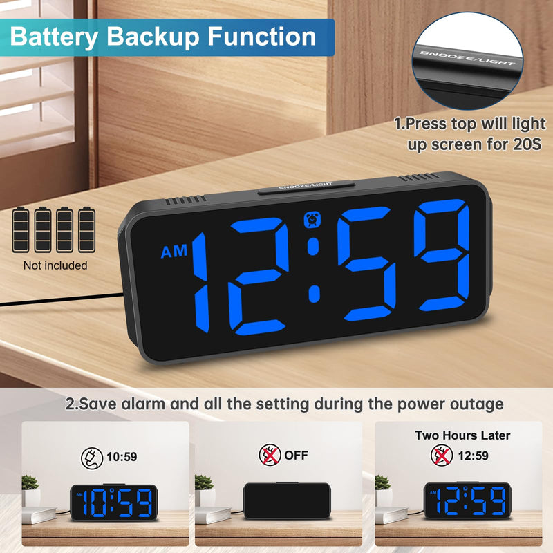 Peakeep Small Digital Alarm Clock Plug in for Bedrooms Bedside, Tiny Electric Clock Large Big Numbers Display with Battery Backup for Desk Table, 6 Dimmers, 5 Adjustable Alarm Volumes (Blue) Blue