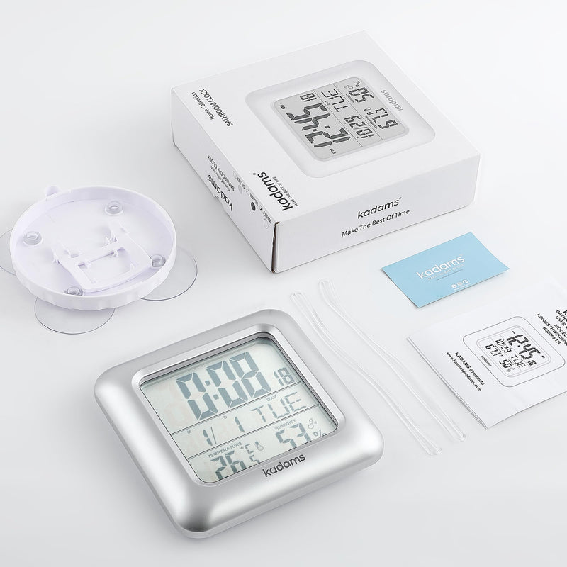 KADAMS Bathroom Clock 9.5" Kitchen Wall Clock with Large LCD Screen – Shower Clock with Suction Cup,Temperature, Humidity, Calendar – Water-Resistant, 4 Mounting Options, Silver