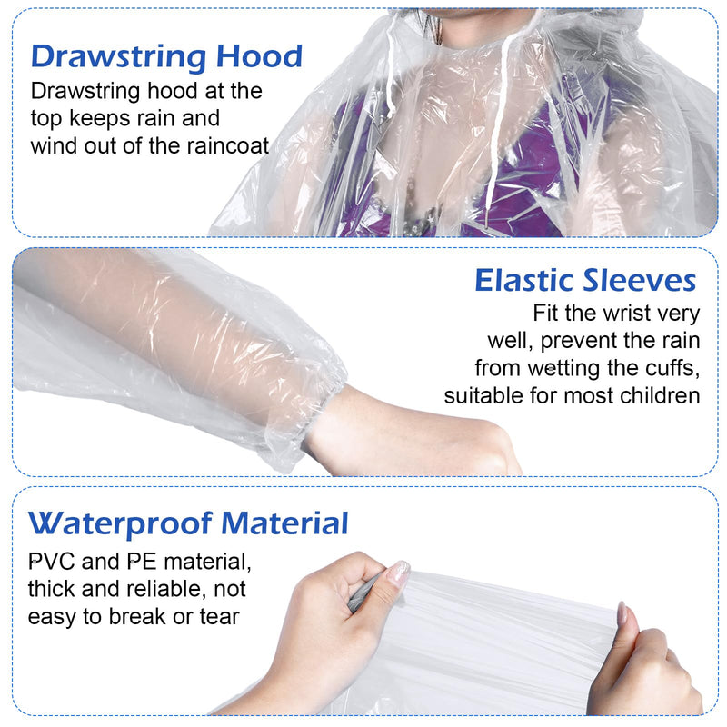 Berlune 40 Pcs Kid Ponchos Bulk Disposable Kids Rain Ponchos Bulk Emergency Raincoat with Drawstring Hood and Elastic Sleeves One Size Clear