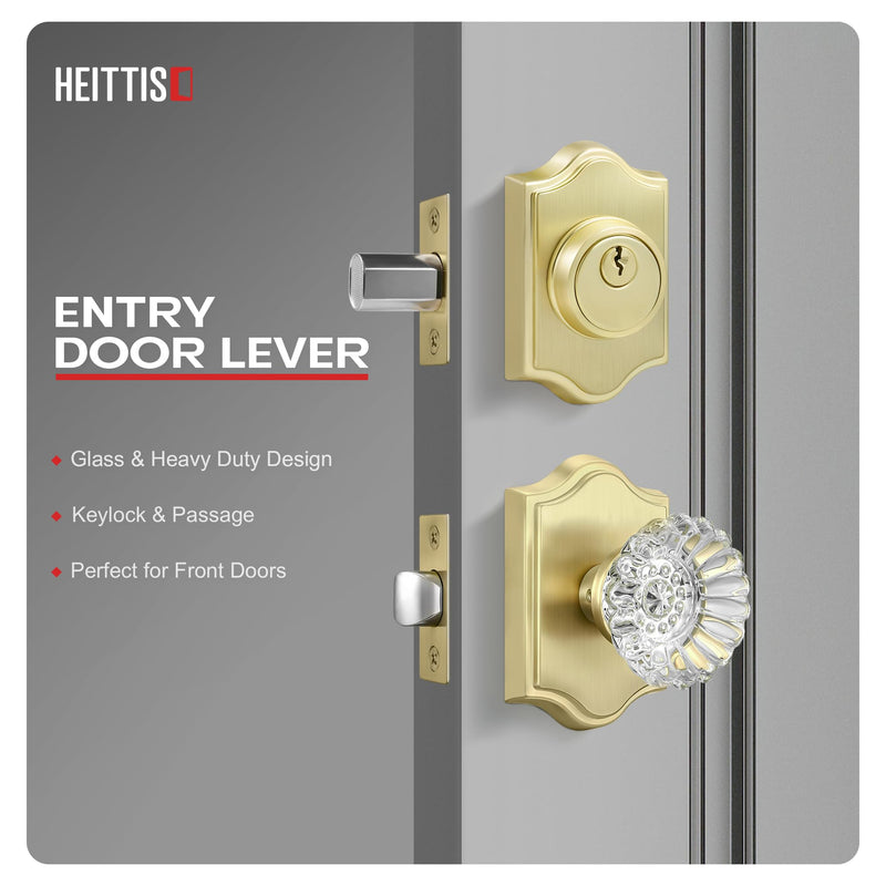 1 Pack Brass Combo Sets, Modern Gold Crystal Door Knobs Interior with Single Cylinder Deadbolt,Satin Brass Finished Deadbolt Set-1pack Satin Brass
