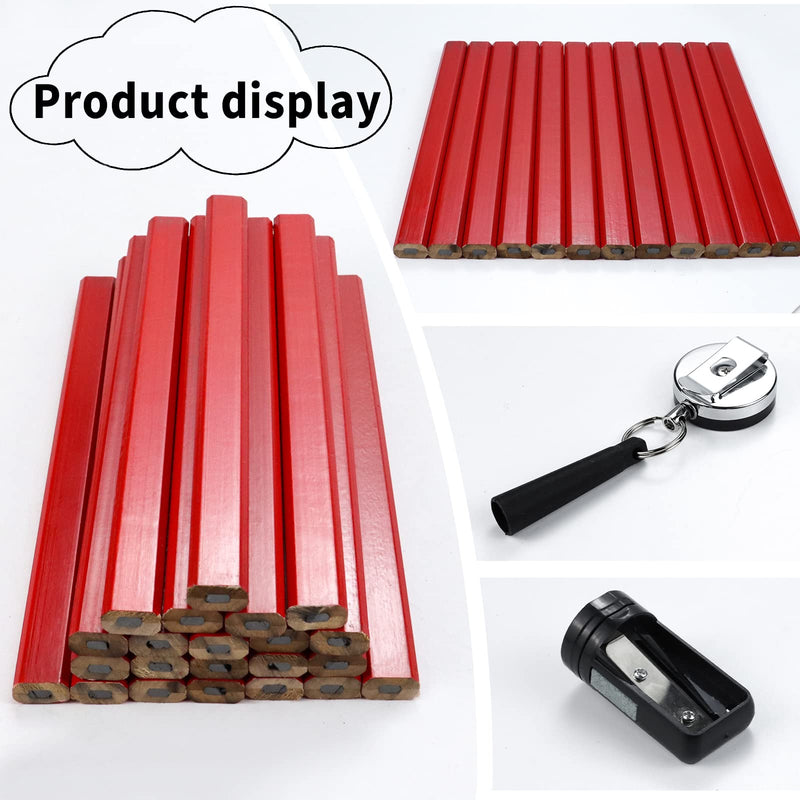 Rcybeo Carpenter Pencils 24pcs Construction Pencil 7 Inches Flat Black Carpenter Pencil with Pencil Sharpener Retractable Carpenter Pencil Holders for Woodworking Marking Tool (red) Red