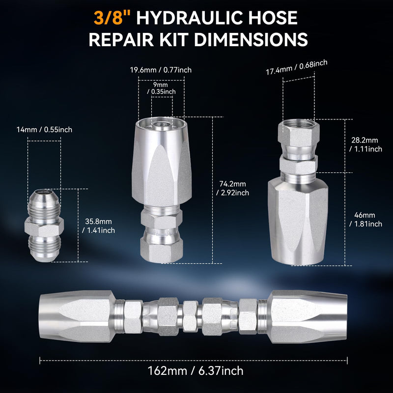 3Pcs Hydraulic Hose Field Repair Kit, 1/4", 3/8", 1/2" Inner Diameter and 6Pcs Small Repair Parts, Reusable, 08 (R2) 2-Wire Reusable Hydraulic Repair Fittings (3 Sizes and 6 Repair Parts) 1/4", 3/8", 1/2" and 6 Repair Parts