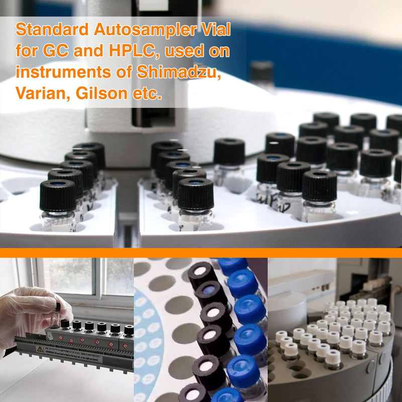 2 ML Autosampler Vial, Amber 8-425 HPLC, 8mm Chromatography Lab Vial with Writing Area, Black Screw Cap&Septa, 100 pcs