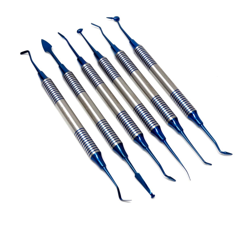 Set of 6 Dental Composite Placement Instruments Hand Carving Dentistry Kit, Blue Titanium Coated Tips, Stainless Steel Kit
