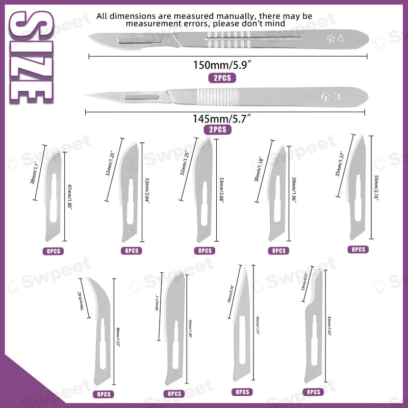 Swpeet 77Pcs 9 Styles #10#11#12#15#20#21#22#23#24 Scalpel Blades Surgical Grade Blades with #3#4 Scalpel Knife Handle Assortment Kit,Biology Lab Knives for Biology Lab Anatomy, Cutting N6