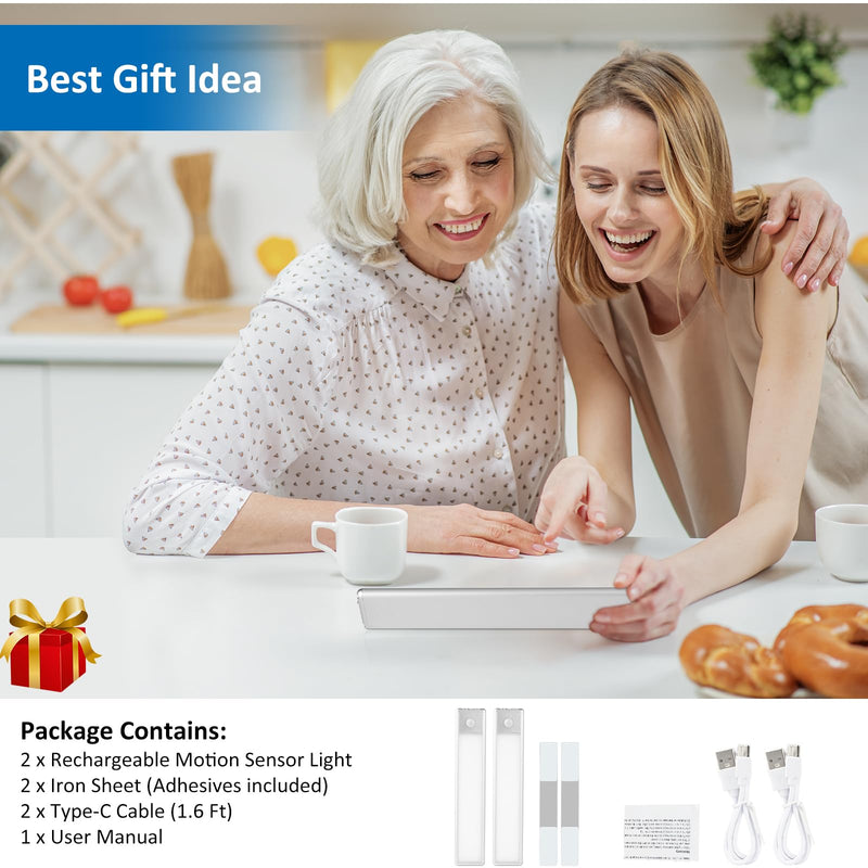 30-LED Motion Sensor Under Cabinet Lights, Magnetic Rechargeable Under Counter Closet Light, Wireless Night Light Bar Stick-On, 2-Pack, Cool White 8 inch