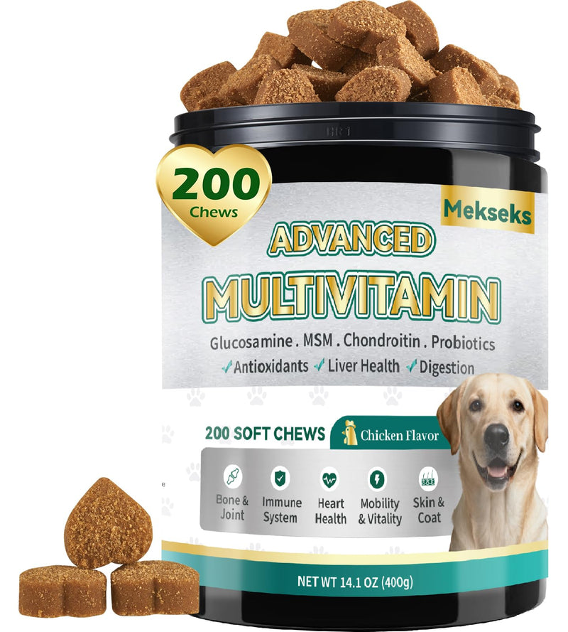 Advanced 24-in-1 Multivitamin Chews for Dogs - 200 Soft Chewable All-in-One Vitamin Support Supplement for Dog Skin Coat Itch Relief, Joints, Gut Health, 12 Essential Vitamins Treats with Omega-3 Golden