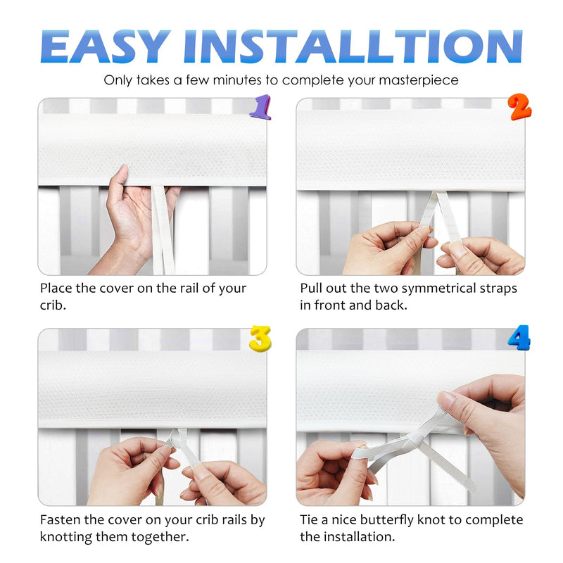 4 Pc Breathable Crib Rail Covers for Teething Mesh Corner Edge Protector Strip, Soft Furniture Guards, Reversible Guardrail Cover Protector for Boys Girls(White)