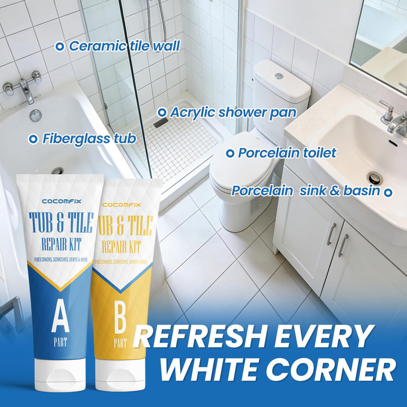 Tub & Shower Repair Kit, True-White Fiberglass & Porcelain Repair for Bathtub, Sink, Basins, Shower Pan, Toilets, Floor Tile - Quickly & Easily Fix Cracks,Holes,Chips,Scratch on Acrylic,Enamel,Ceramic - NewNest Australia