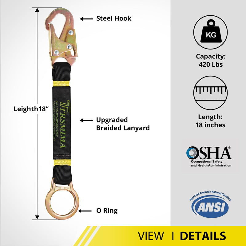 TRSMIMA Safety Harness Extension Lanyard - 18”D-ring Extender Fall Protection Arrest System with Snap Hook Connector Ring ANSI Compliant