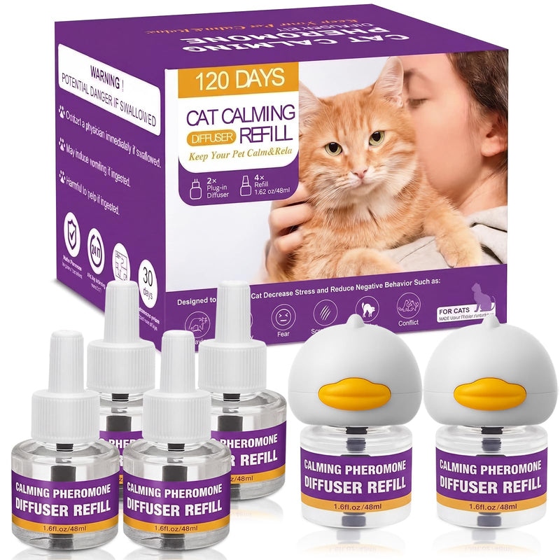 Cat Calming Pheromone Diffuser Kit, 2 Plug-Ins + 4 Refills (48ml Each),Long-Lasting Stress & Anxiety Relief, Reduces Fighting, Spraying & Scratching, Safe & Drug-Free Comfort for All Cats and Kittens Purple