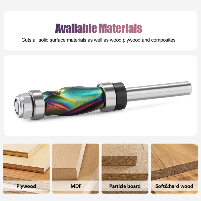 Carbide Compression Flush Trim Router Bit 1/4 Shank, 1/2" Diameter, 1" Cutting Length，DLC Coated Up Down Pattern Template Router Bit with Top and Bottom Bearing for Woodworking Trimming 1/4''x 1/2''x 1''