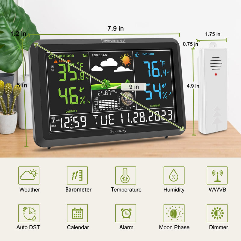 DreamSky Weather Station Indoor Outdoor Thermometer Wireless with Digital Atomic Clock for Home, Large Display with Dimmer, USB Port, Inside Outside Temperature Humidity Monitor (Adapter Powered) Black (Plug-in)