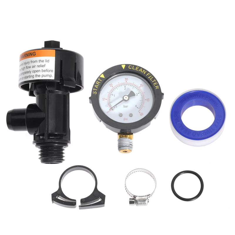 98209800 High Flow Manual Air Relief Valve Pool Filter Air Relief Valve for Predator Pool Filters with Clips O-Rings Gauge Plug Pressure Gauge 1PC Valve-098F