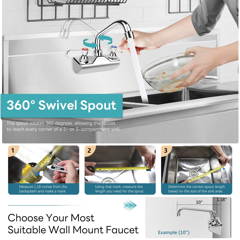 4 Inch Center Commercial Sink Faucet Wall Mount with 12" Spout for Bar 4" center 12" spout