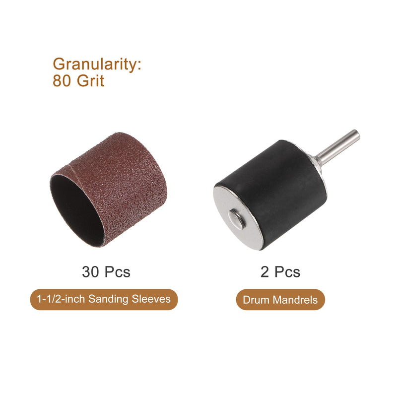uxcell 30 Pcs 1-1/2 Inch Sanding Sleeves Sandpaper Set 80 Grit with 2 Pcs 1 Inch Drum Mandrels for Rotary Tools