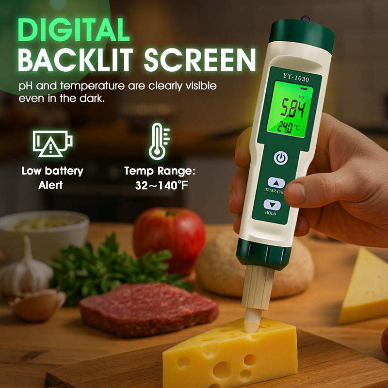 Digital pH Meter for Food, pH Tester Probe for Sourdough Bread Dough, Meat, Cheese, Fruit, Cosmetics, Water, Smart Lab pH Test kit Pen with ATC, Temperature Backlit Display for Solids Liquids Soil
