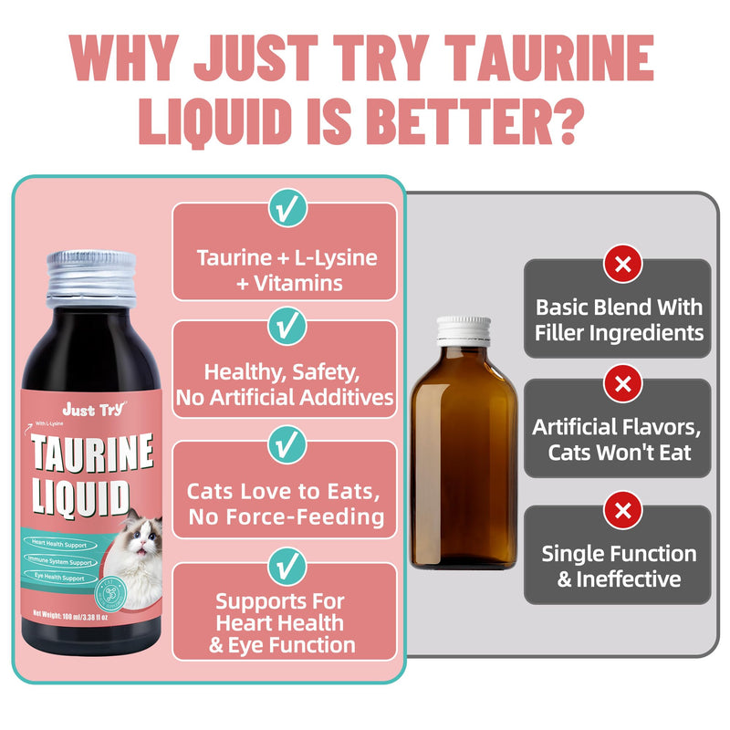 Just Try 3.38 fl oz Taurine & L-Lysine Supplement for Cats - Vitamins & Taurine for Immune Support & Allergy Relief - Lysine for Sneezing, Runny Nose and Watery Eyes - 100ML Chicken Flavor