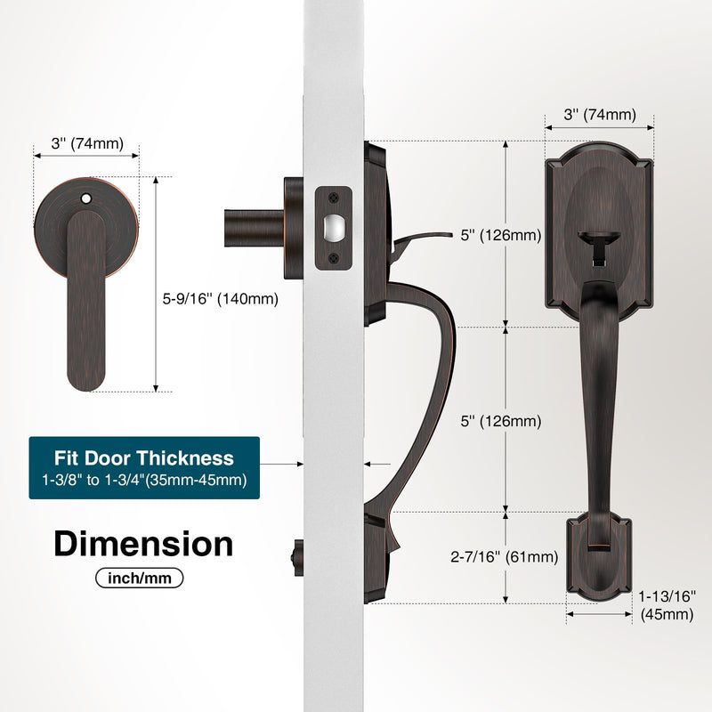 Front Door Handle No Lock, Entry Door Handle Exterior with Interior Reversible Handle Lever, Lower Half Grip, Single Cylinder, Door Handle Sets for Right Left Handed Door, Oil Rubbed Bronze