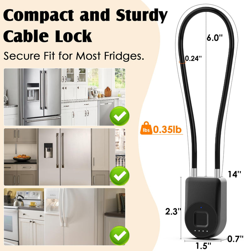 Fingerprint Fridge Lock,Child Proof Refrigerator Lock for Kids & Adults,Smart Cable Lock APP Control Waterproof Cabinet Lock for Fridge French Door Cabinet Gate Fence Black