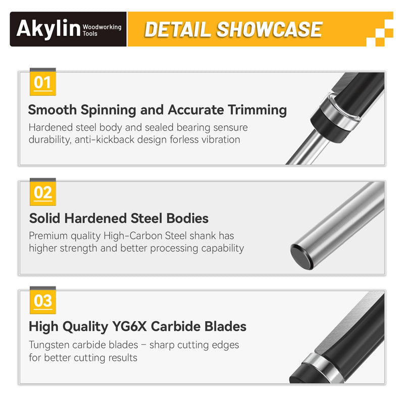 7pcs Pattern Router Bit Top Bearing 1/4 Inch Shank,Top Bearing Flush Trim Router Bit, Router Pattern Bit,Bearing Trimmer and Profiler,Flush Trim Router Bit for Wood Cut,Small Jointing,Trimming 7Pcs*Trim Top Bearing