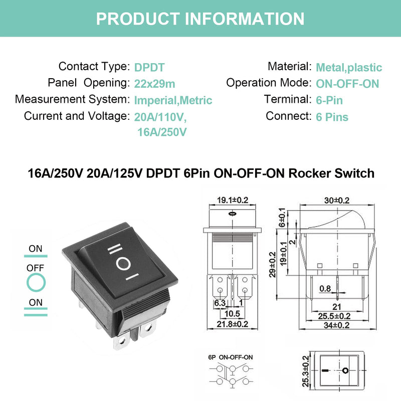 QTEATAK 2Pcs DPDT 6 Pins 3 Position ON/Off/ON Black Rocker Toggle Switch for Car and Boat AC 20A/125V 16A/250V KCD4