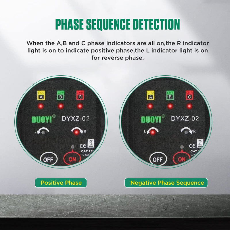 3 Phase Rotation Meter Non Contact Phase Sequence Tester 70V-600V AC Voltage Tester Short Detection, Live Wire Inspection Rotation Meter, with 23.62inch Cable Length,Carrying Bag XZ-02