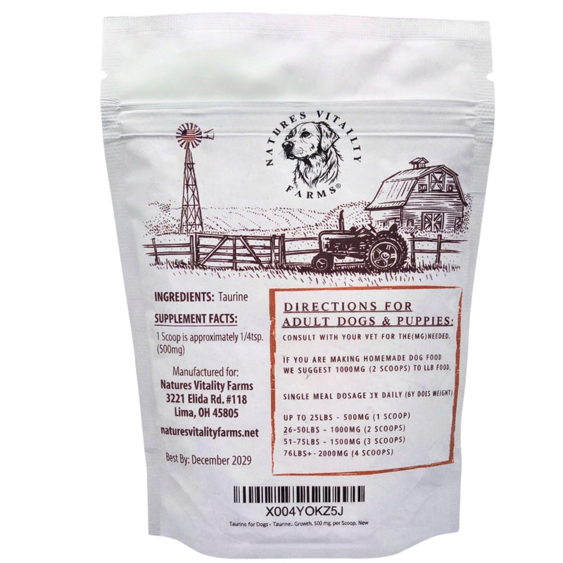 Taurine for Dogs - Taurine Powder Supplement, 144 Servings, 500mg, Heart, Brain, Eyes, Muscle, Energy, and Growth, (6oz)