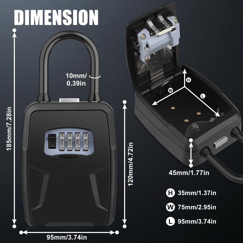 Key Lock Box Outdoor with Code, Large Key Lockbox for Keys Outside Portable Lock box for Keys, 4 Digit Combination Key Safe Storage, Waterproof Keybox Wall Mounted for Outdoor Home Garage Office Black Door handle hung + Wall mounted