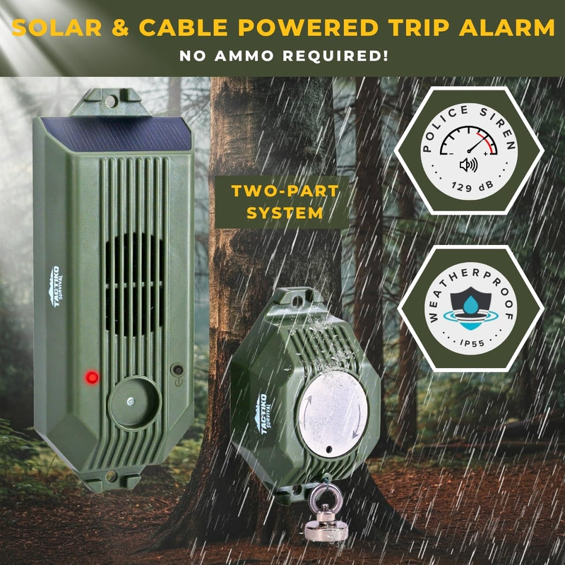 Tactiko Wire Trip Perimeter Alarm 2.0, 129 dB Rechargeable Perimeter – 80ft Kevlar Tripwire, Solar/USB, Weatherproof, Bear Deterrent for Camping, Property, Home Security (2 Pack) 2 Pack