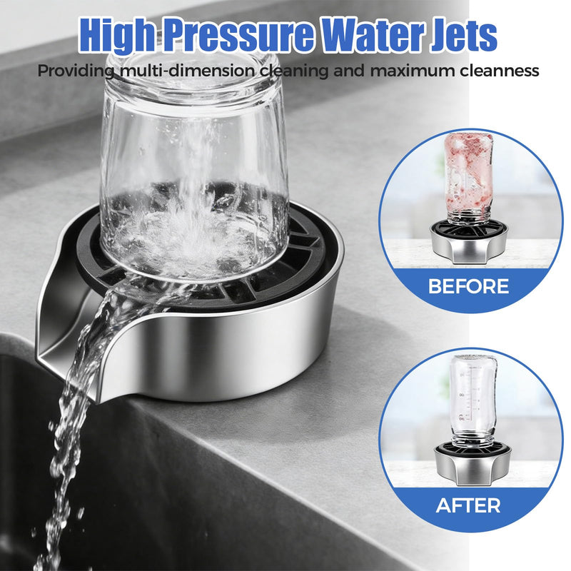 Glass Rinser for Kitchen Sink, High Pressure 360 Degree Rotating Glass Rinser with Pull-Out Spray Gun, Cup Washer Kitchen Sink Attachment Silver