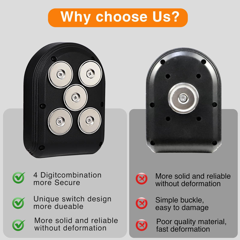 Secure Magnetic Key Holder for Cars – 5 Strong Magnets Anti-Drop Lock Box, Hide a Key Under Car with Resettable Code, Waterproof & Dustproof Design for Outdoor (Black) Black