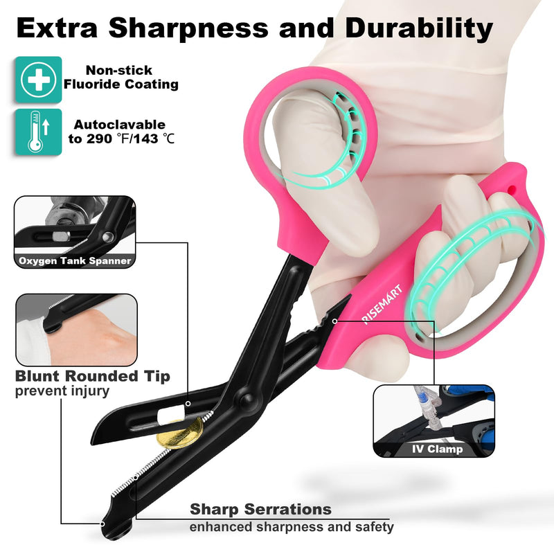 Rechargeable Pen light & Medical Scissors for Nurse -7.5"Trauma Shears Warm/white Penlight with Pupil Gauge,with 4 Pen Set for Nurse,Nursing Student, Doctor #Pink Bandage Scissors +Silver Pen Light Pink Bandage Scissors +Silver Pen Light