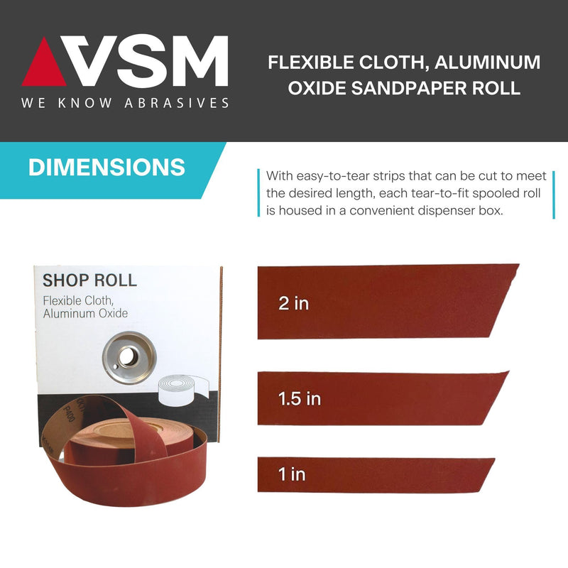 VSM 2" x 50yd (150'), 80 Grit (Medium) Aluminum Oxide Sanding Shop Roll, F-Weight Cotton Cloth Backed Sandpaper Roll for Hand Finishing, Woodworking, Metal Working, Polishing