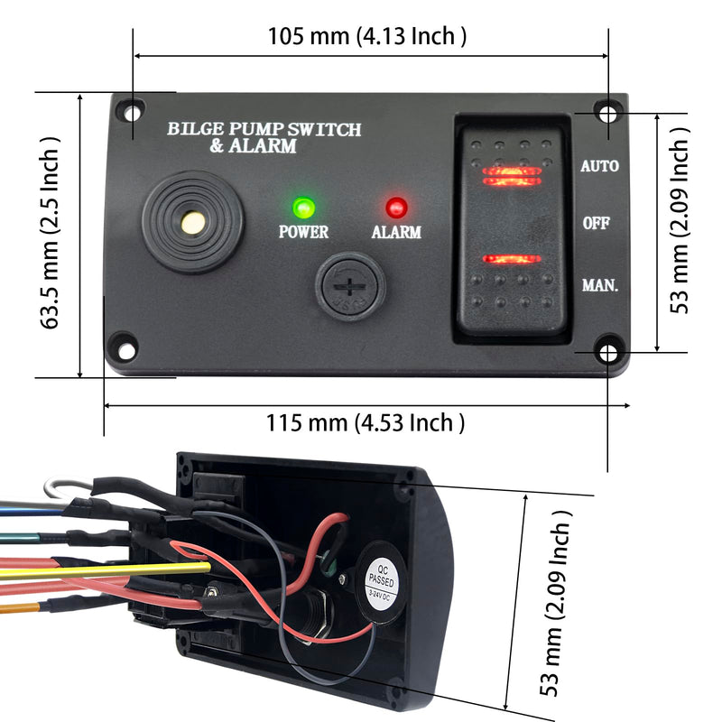 Bilge Pumps Switch for Boats,with LED Indicator Alarm,3-Way Auto-Off-Manual Switch w/Spring From Manual Position, Black ABS Panel,12V DC