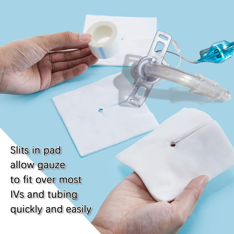 Timgle 200 Pcs 2" x 2" Split Gauze Pads 6 Ply Split Drain Sponge Gauze Non Woven Slit Bandage Split Gauze Sponges with 2 Roll of Tape for Wound Care Tubes Drains Supplies 2" x 2"