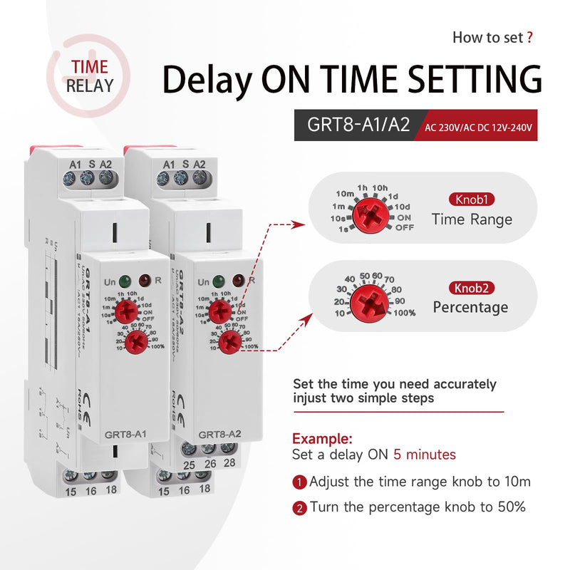 Delay On Time Relay 16A, Delay On Timer Relay GRT8 A1 Voltage Range AC DC 12V to 240V DIN Rail Electronic Relays of Wide Time Delay Range for 0.1 Seconds to 10 Days GRT8-A1 AC/DC 12V-240V