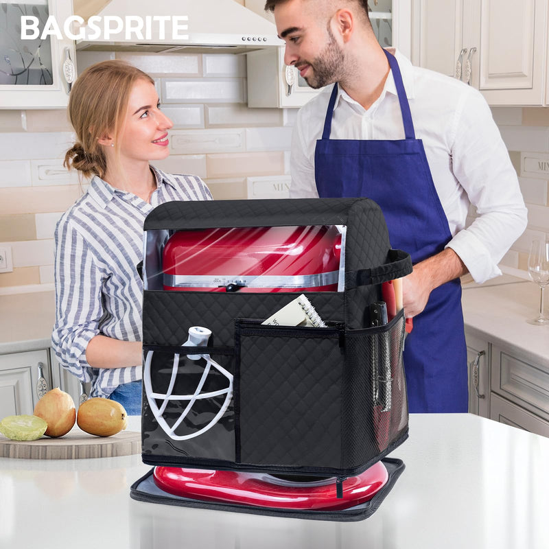 BAGSPRITE Stand Mixer Cover with Detachable Appliance Sliders Base Compatible with KitchenAid Mixer-Storage Bag for 6/7/8 Quart with Pockets for Kitchen Aid Accessories and Attachments Black Fit for 6 - 8 Quart