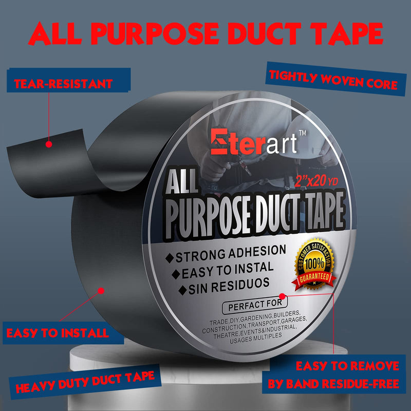 Duct Tape Haevy Duty Strong Industrial Max Strength Tape, No Residue and Tear by Hand, Multi-Purpose, Indoor & Outdoor Use, 2 Inch x 20 Yards (Black) Black