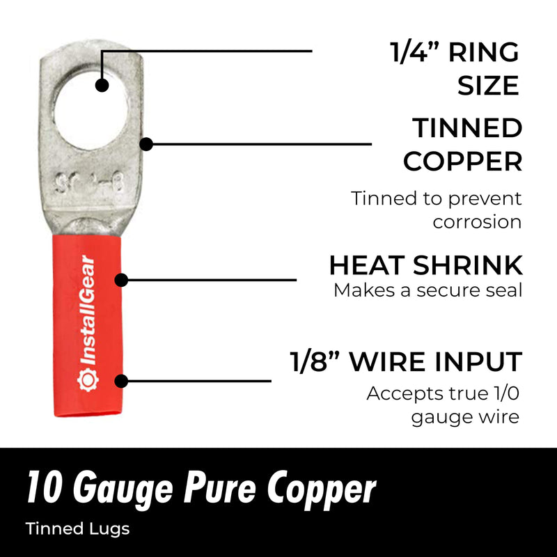 InstallGear 10 Gauge AWG Tinned Pure Copper Lugs Ring Terminals Connectors with Heat Shrink - 10-Pack | Electrical Connectors, Heat Shrink Wire Connectors for 10 Gauge Wire 10 AWG - 1/4" Ring
