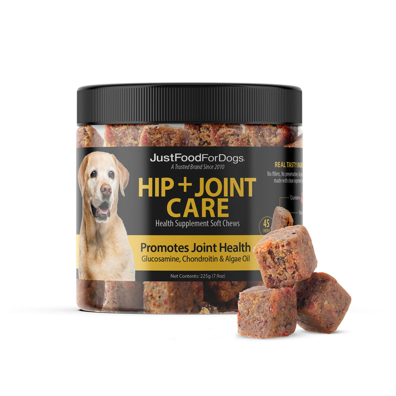 JustFoodForDogs Hip and Joint Supplement for Dogs, Human Grade Glucosamine Chondroitin Dog Supplements, Multivitamin Soft Chews, Omega 3 Oil, Superfood Blend, Plant Based Dog Vitamins - 45 Count Hip + Joint Care