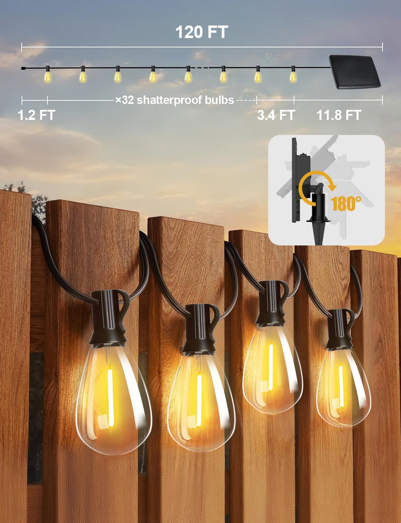 Tenmiro 120FT Solar Outdoor String Lights with Remote and 32+2 LED Shatterproof Bulbs Dimmable & Timing 3 Light Modes Solar Patio String Lights for Cafe, Garden, Deck, Outside Wedding Last for 10+Hrs Solar 120FT