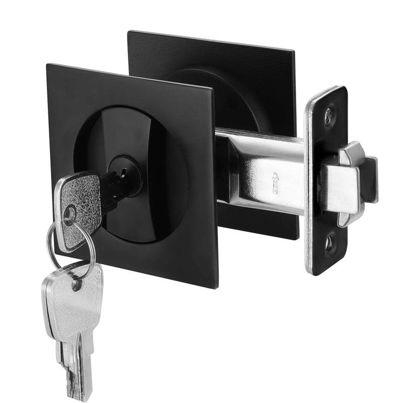 Pocket Door Lock with Key, Matte Black Pocket Door Hardware Square Door Lock for Privacy Sliding Door Bifold Door Locks Pocket Door Pull Handles Replacement Hardware Entry (with Key) -Square