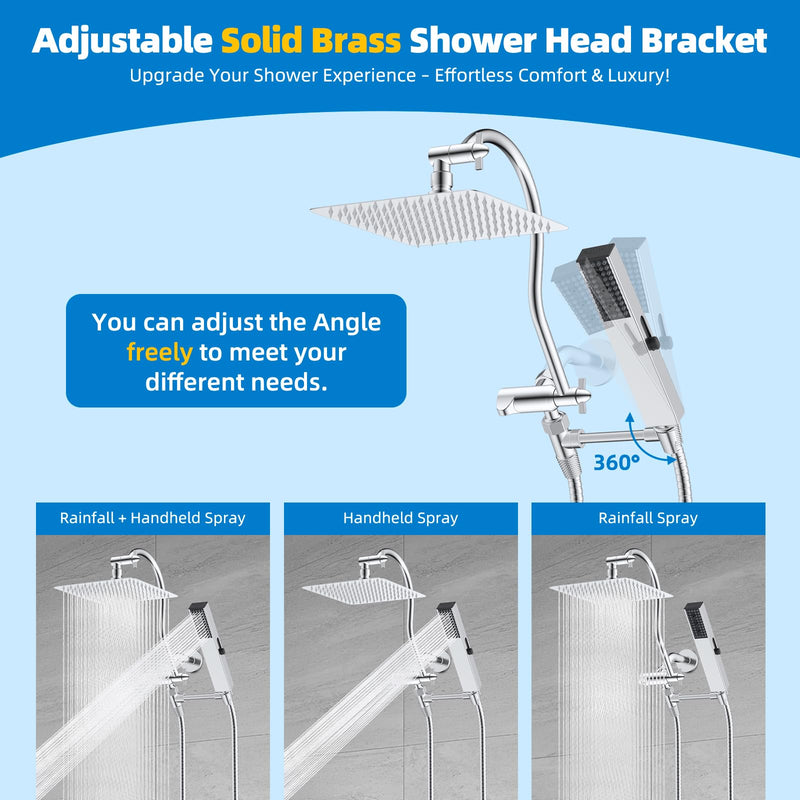 Hibbent All Metal cUPC Certified Shower Head, 8'' High Pressure Rainfall Shower Head, Showerhead Combo, Handheld Shower Wand, 12'' Adjustable Extension Arm, 4-Spray, 71'' Hose, Shower Holder, Chrome Square 8''