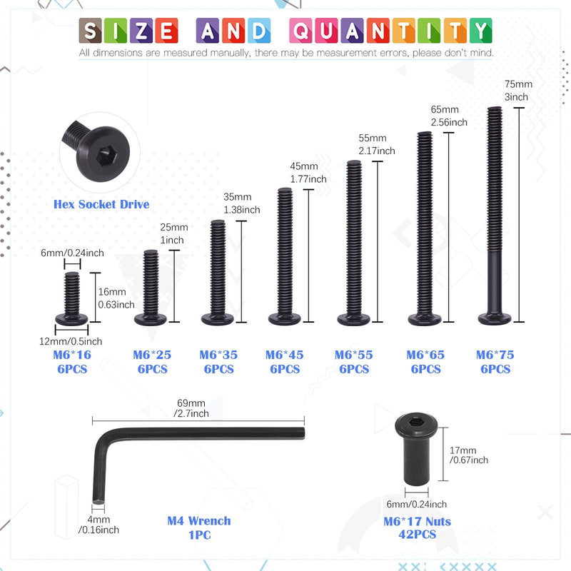 Glarks 85Pcs M6x16/ 25/35/ 45/55/ 65/ 75mm Black Hex Drive Socket Cap Bolts Kit, Allen Head Countsunk Furniture Crib Bolts Nuts Screws for Chair Table Cabinets M6x16/25/35/45/55/65/75mm