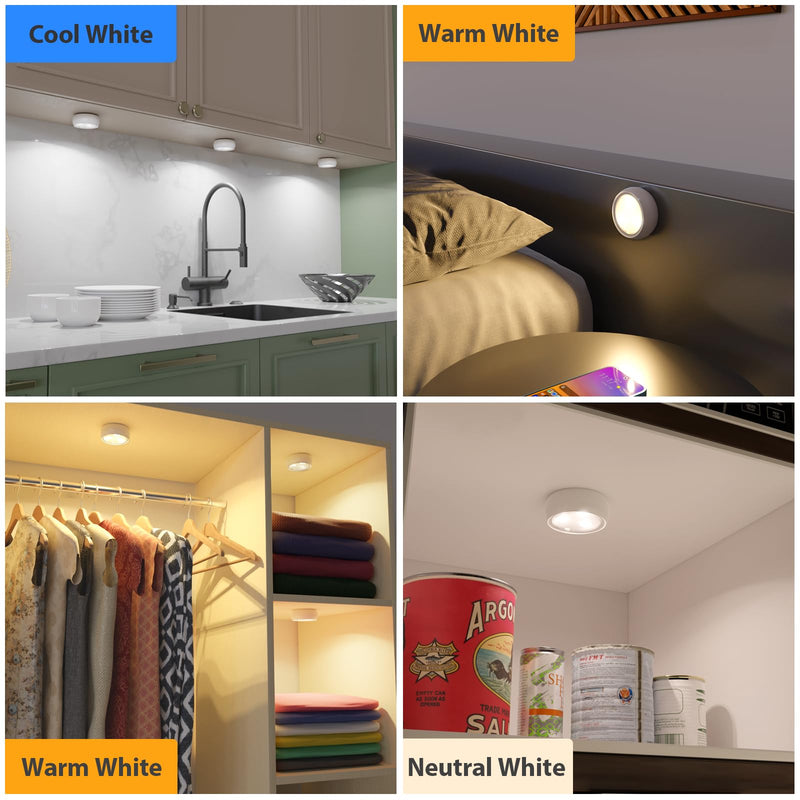 LED Puck Lights with Remote, 3 Color Light, Battery Operated Push Light Under Cabinet Light, Dimmable Tap Light, 50 Lumens, Stick On Closet Light White 3 Pack